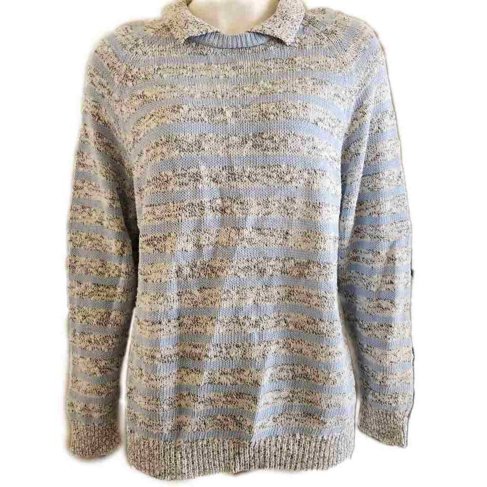 Fox collection men's large vintage sweater collared pullover blue grey striped
